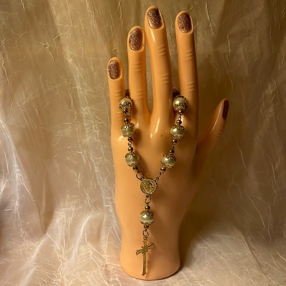 Vintage hand rosary gold colored chain & faux pearls. Hanging Crucifix.